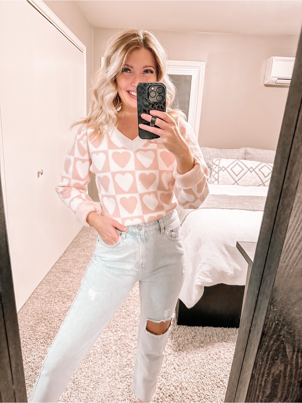 Pink Lily Pink and White Heart-Check V-Neck Sweater